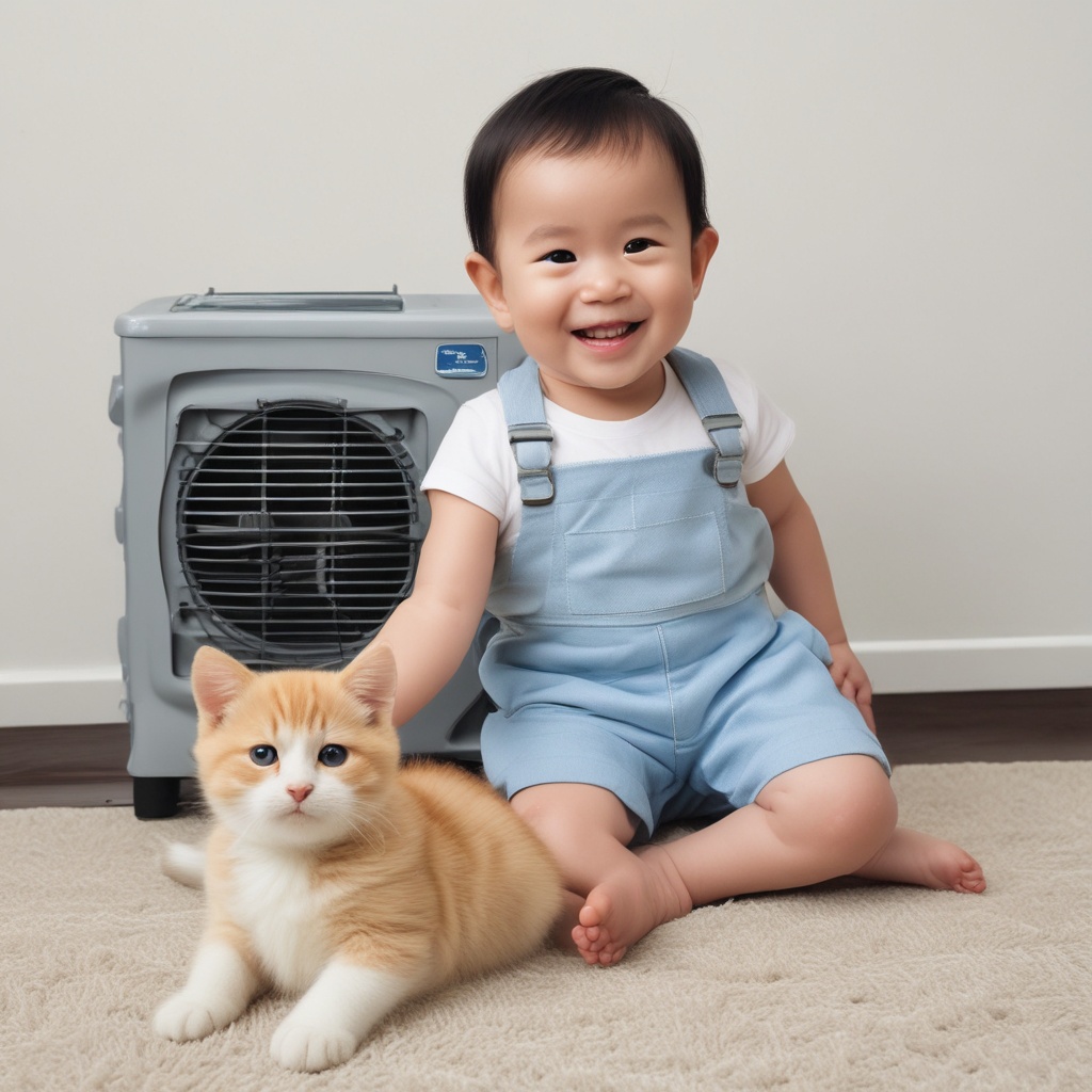 A smiling baby and a pet with aircon cleaning staff